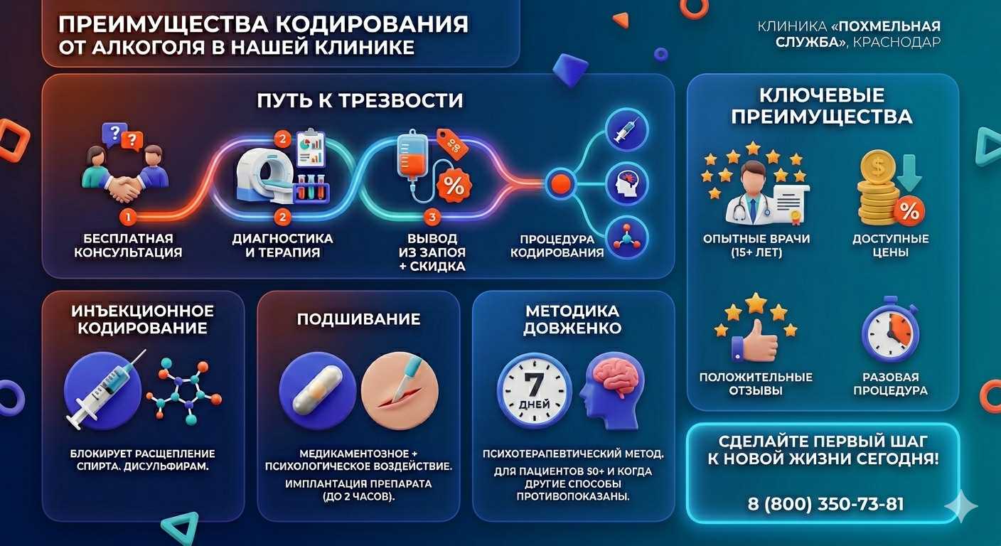 Инфографика о методах кодирования от алкоголя в Апрелевке: инъекции, подшивание, метод Довженко. Преимущества клиники и этапы лечения.